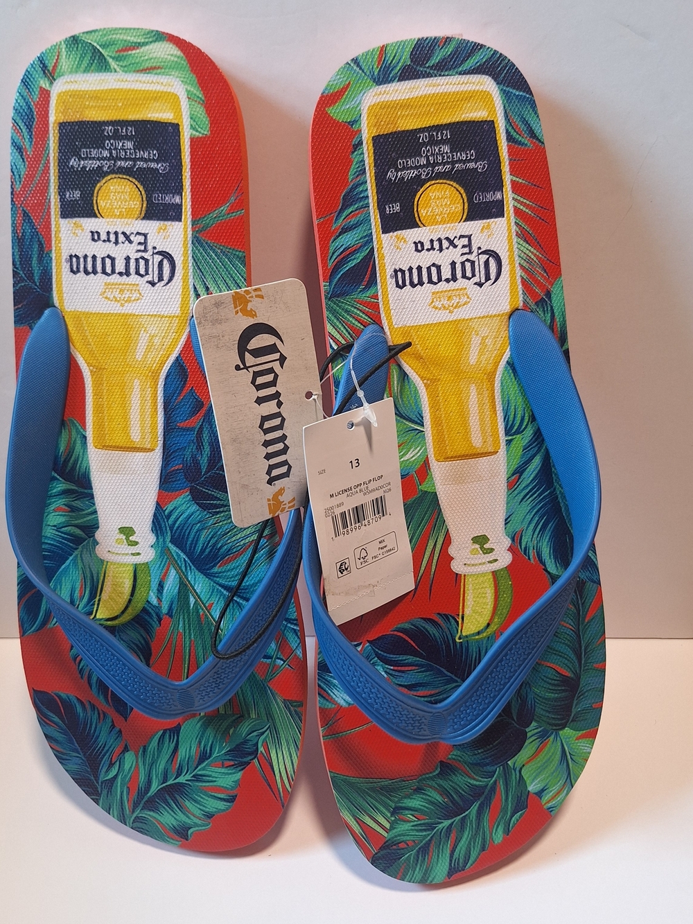 Corona Men's Tropical Flip-Flops with Yellow Bottle and Blue Straps